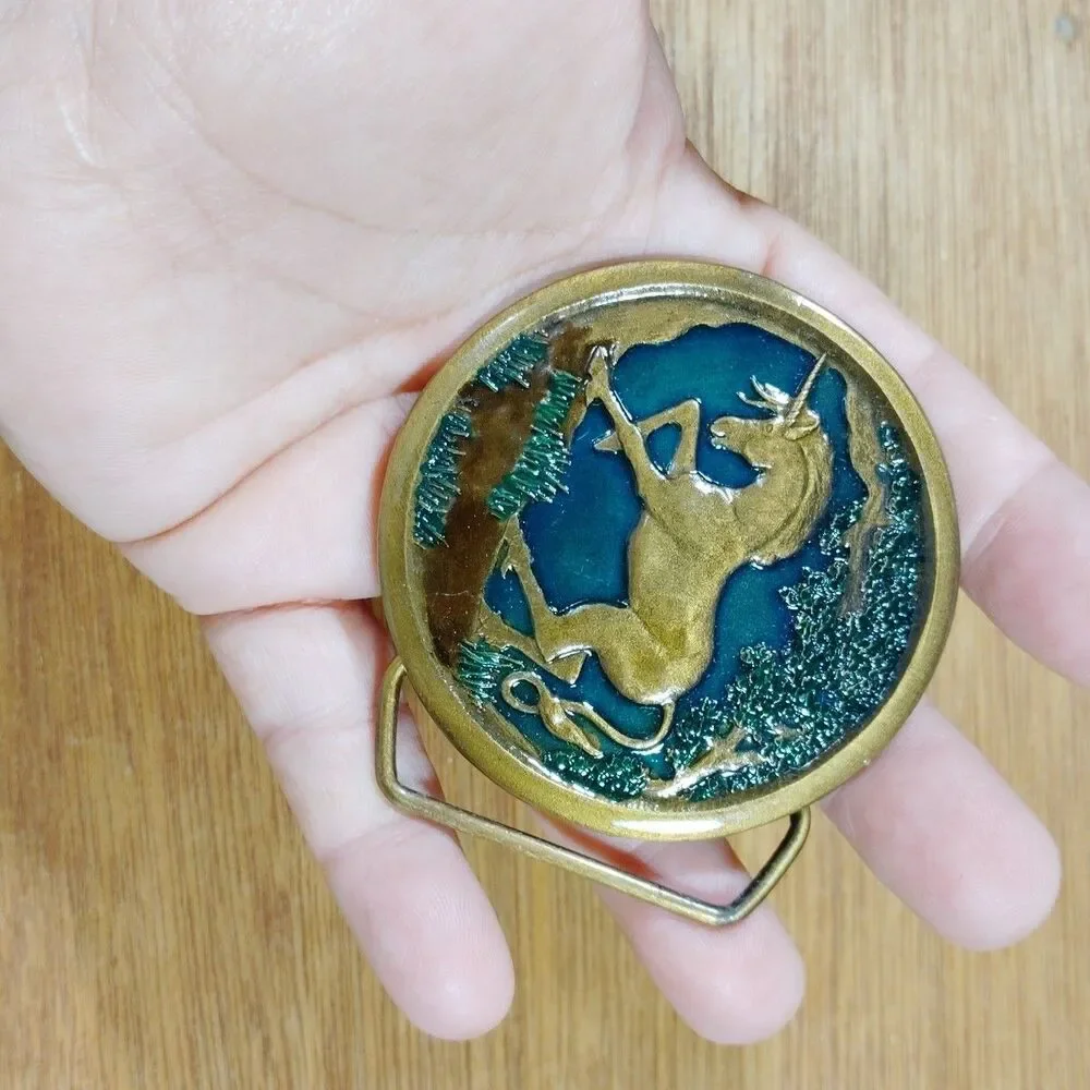 Vintage 1976 Unicorn Brass Belt Buckle Indiana Metal Craft Dege Geen Enamel